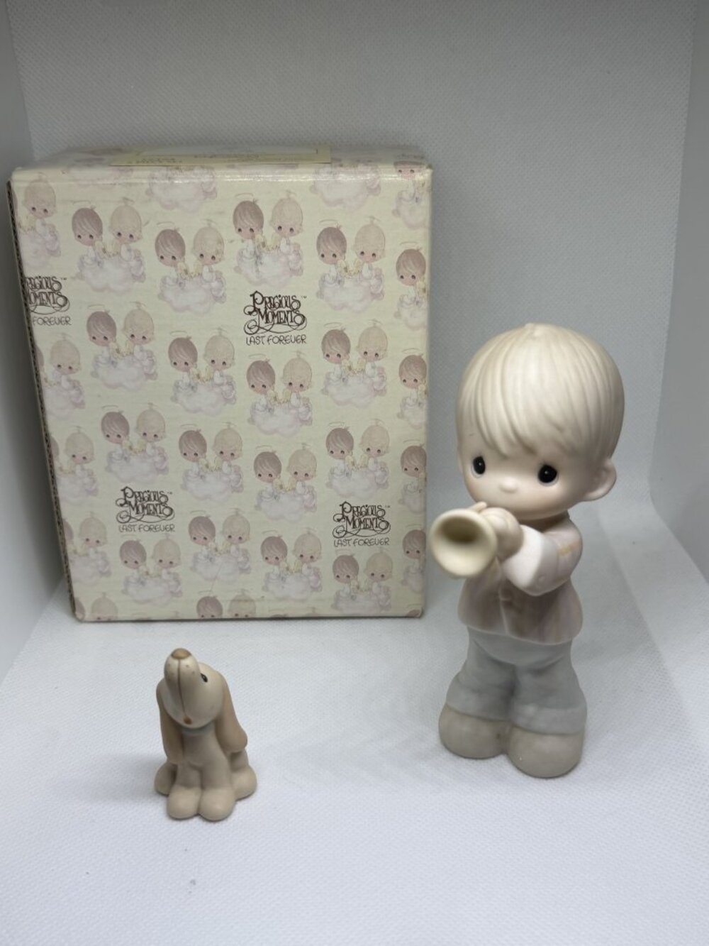 Vintage Precious Moments Boy Playing Trumpet w/ Dog & Original Box